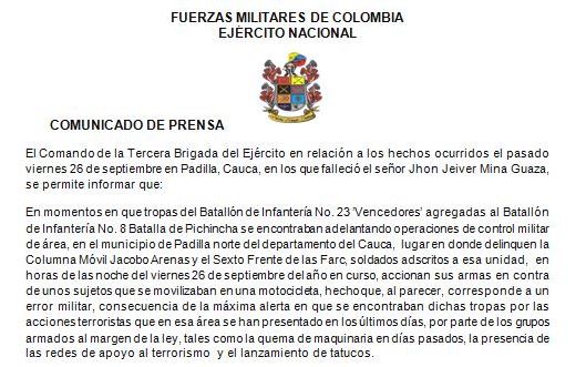 Ejército reconoce error militar en muerte de joven en Cauca