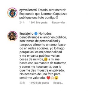 Respuesta de Lina Tejeiro sobre por qué su novio no sube fotos con ella