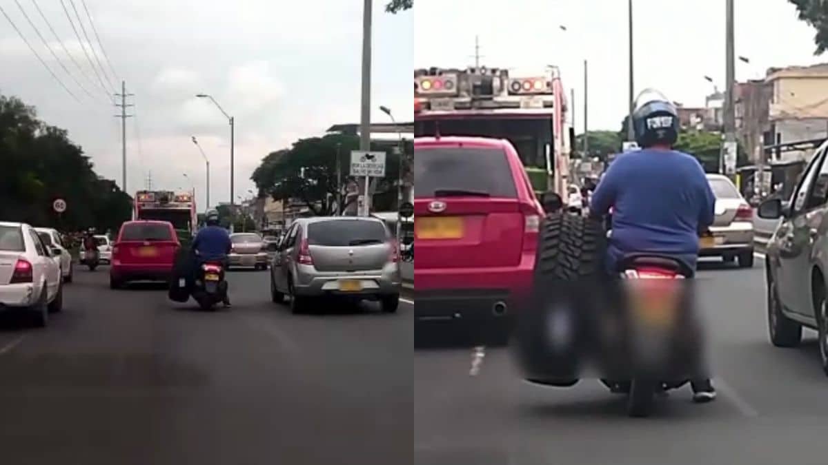 ¡Qué impudencia! Motociclista en Cali fue visto transportando una llanta de camión