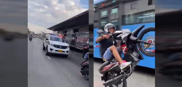 ¡Nada pasó! Motociclista se paseó por carril del MÍO haciendo piruetas frente a la Policía