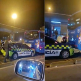 Video: vehículo de la Policía transitaba por carril del MÍO y chocó contra uno de los buses