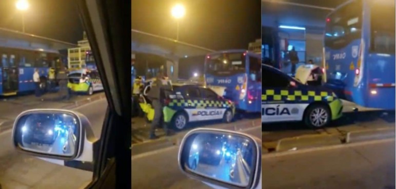 Video: vehículo de la Policía transitaba por carril del MÍO y chocó contra uno de los buses