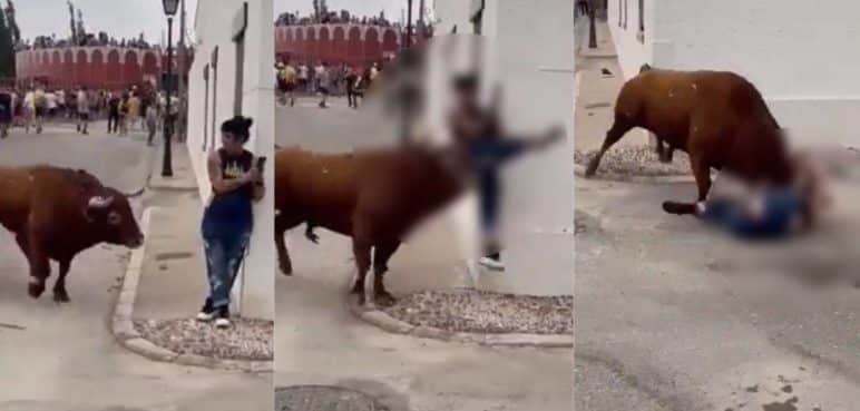 Video: ¿Distracción fatal? Mujer fue embestida por un toro mientras usaba su celular