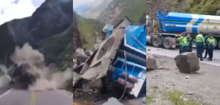 Video: Derrumbe de rocas gigantes aplastó dos vehículos en carretera de Perú