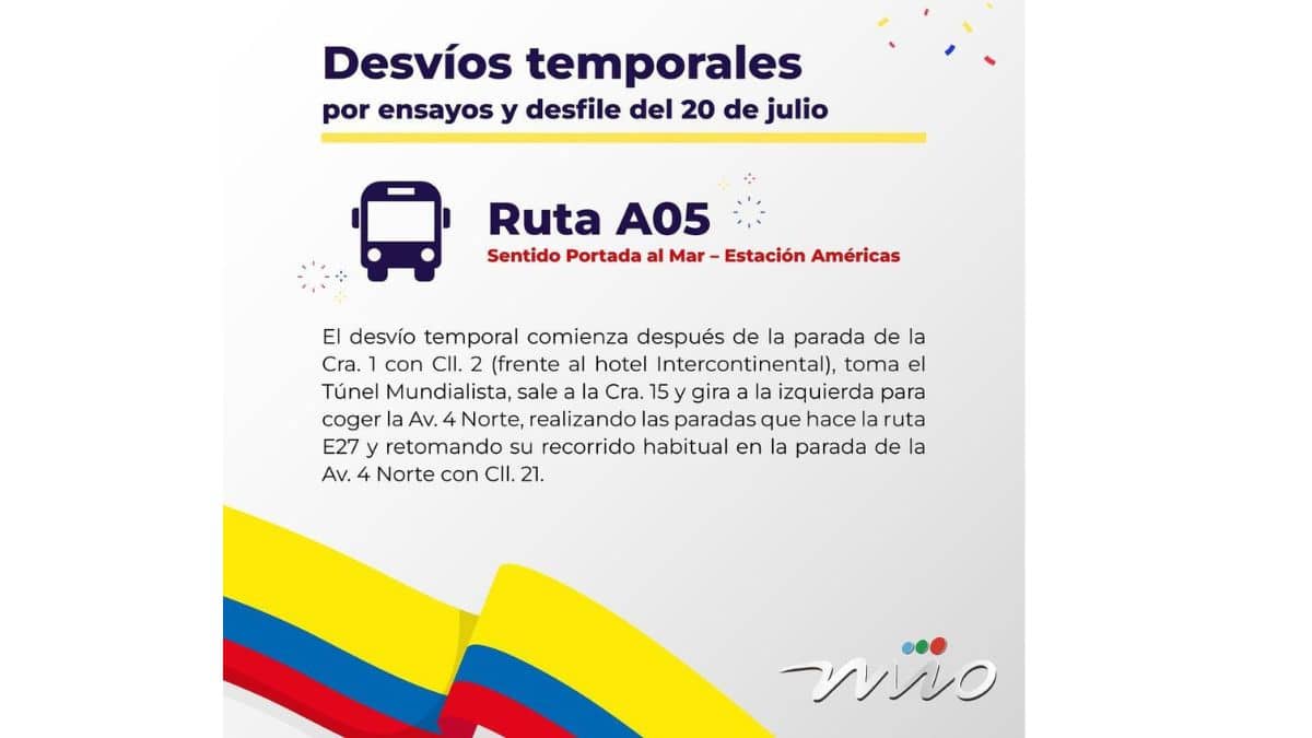 Desvíos ruta del MÍO por desfile del 20 de julio. Tomada de @Metrocali 