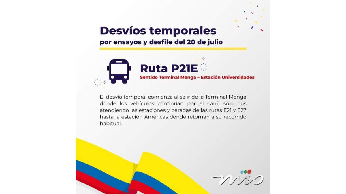 Desvíos ruta del MÍO por desfile del 20 de julio. Tomada de @Metrocali 