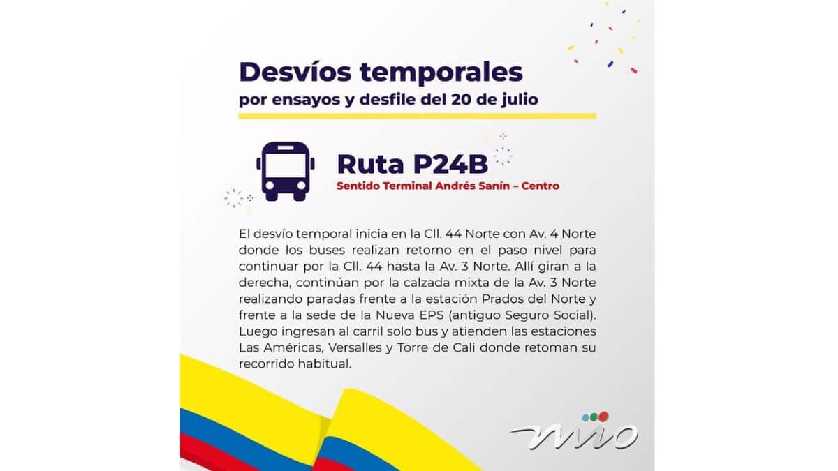 Desvíos ruta del MÍO por desfile del 20 de julio. Tomada de @Metrocali 