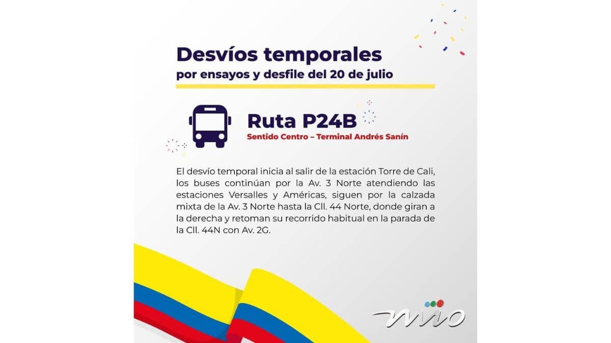 Desvíos ruta del MÍO por desfile del 20 de julio. Tomada de @Metrocali 