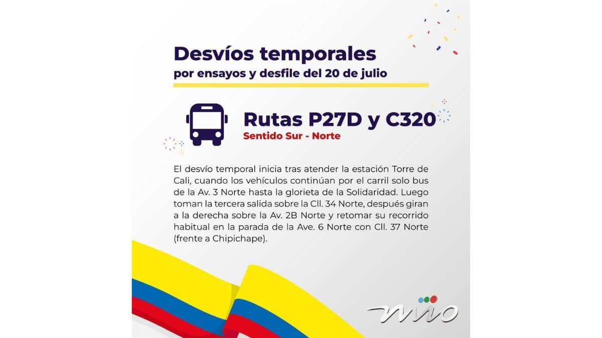 Desvíos ruta del MÍO por desfile del 20 de julio. Tomada de @Metrocali 