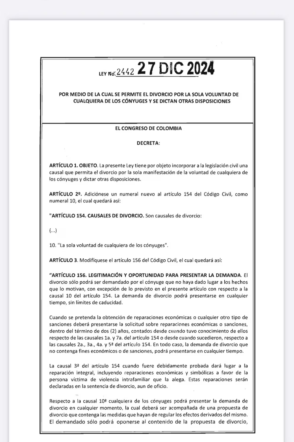 Divorcio unilateral en Colombia

