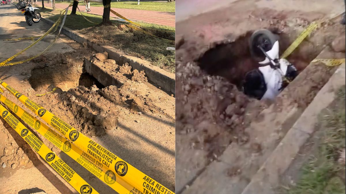 Agente de tránsito cayó a un hueco ubicado en la Carrera 8va, centro de Cali